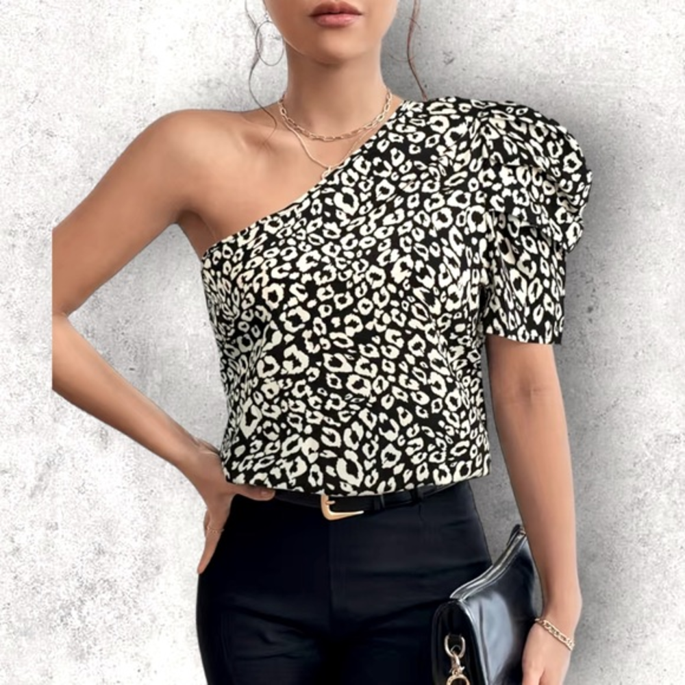Leopard‎ Print One Shoulder Blouse